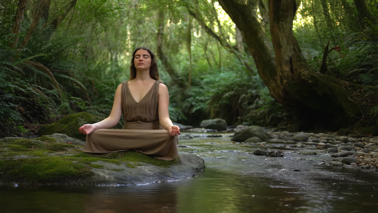Woman Meditating in a Tranquil Forest Stream