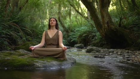 woman meditating in a tranquil forest stream