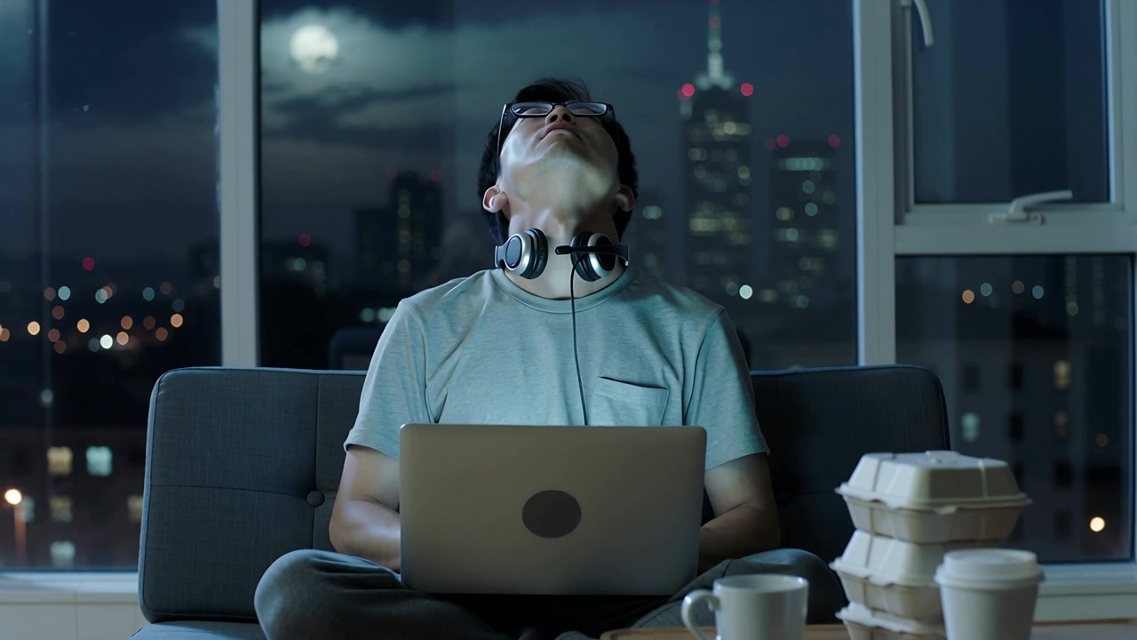 Pausing work to rest, man in light-blue T-shirt stretching neck in apartment at night, with laptop