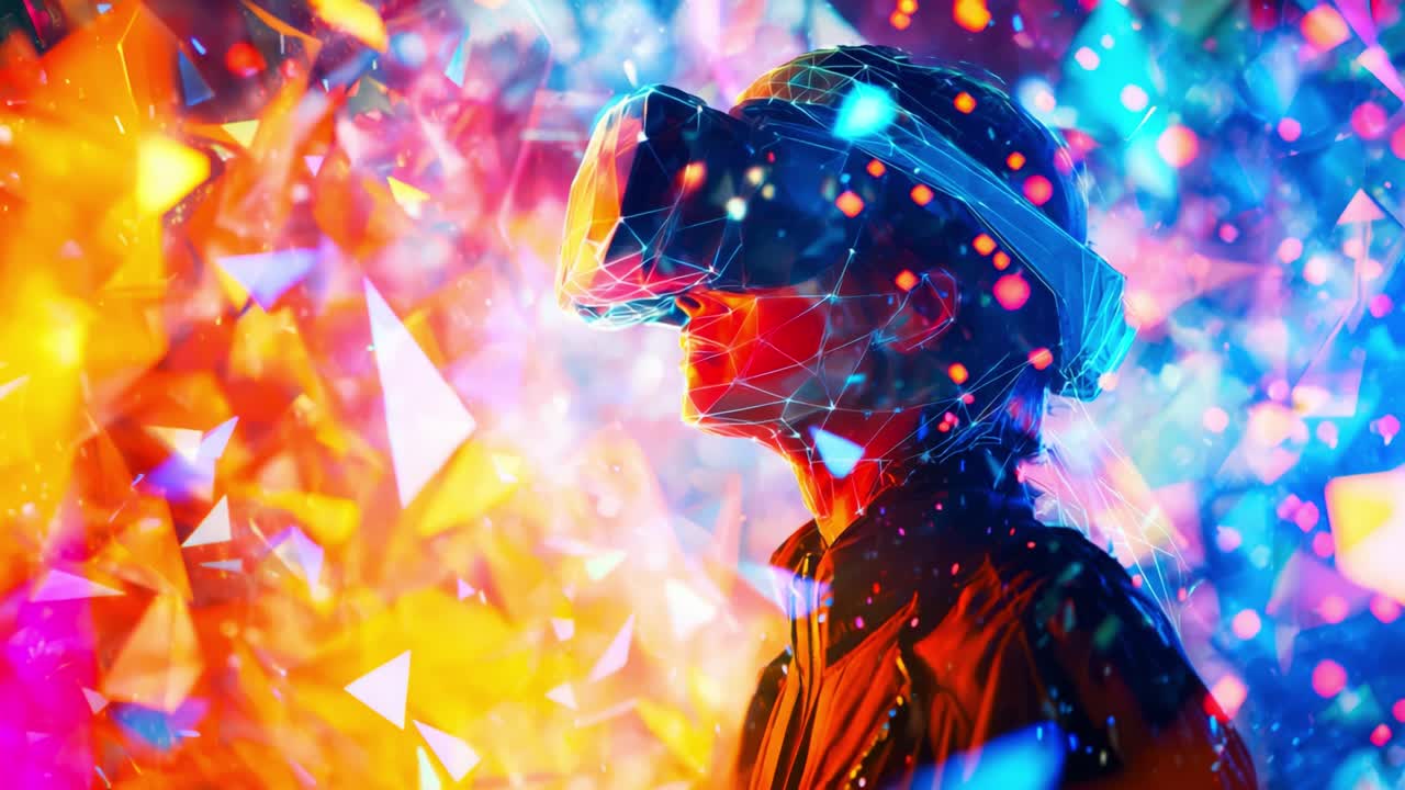 Immersive VR Experience: A Captivating Look at the Intersection of Technology and Imagination, Showcasing a User Engaged Within a Vivid, Colorful Virtual Reality Environment