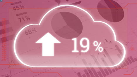 Animación-De-La-Nube-Con-Un-Número-Creciente-De-Procesamiento-De-Datos-Financieros-Sobre-Fondo-Rosa