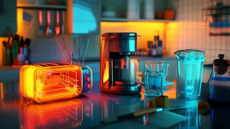 retro kitchen appliances in neon lighting