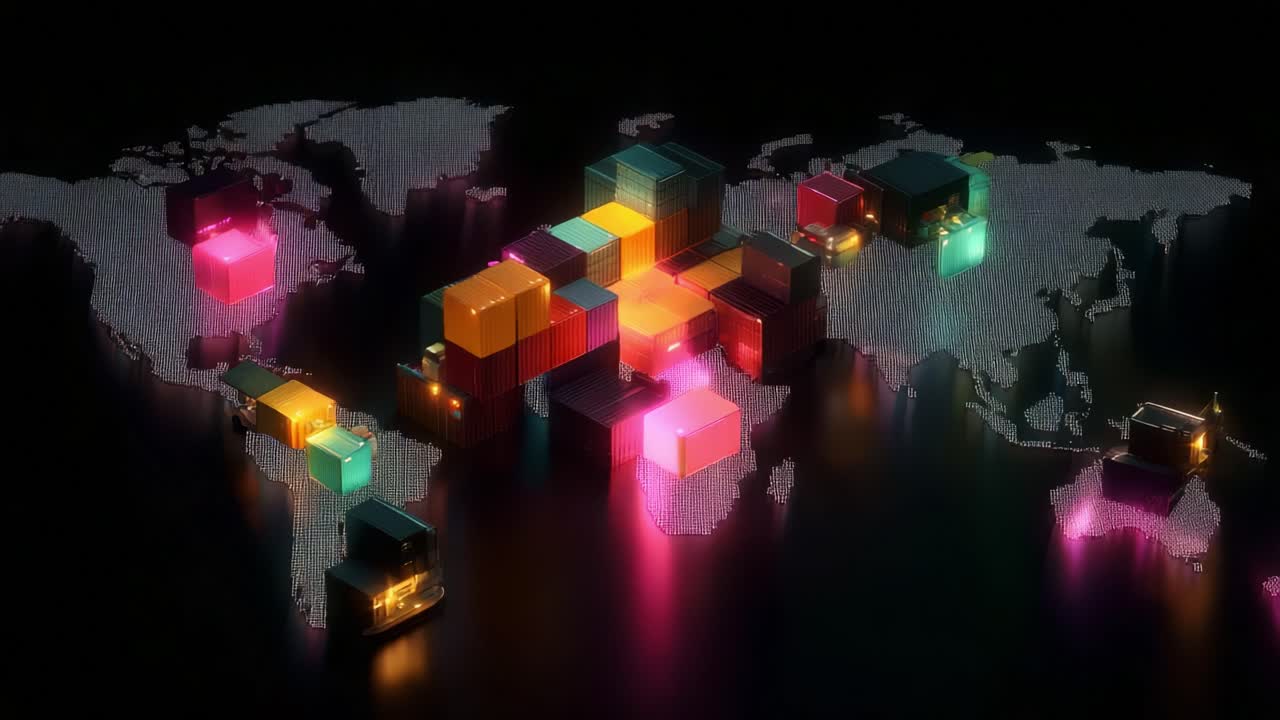 A Stunning Visualization of Global Trade Dynamics: Illuminated Cargo Containers on a World Map Representing Supply Chain and Shipping Networks in a Dark Environment