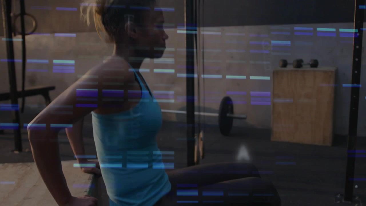 Woman sliding forward on bench edge, doing triceps dips in gym for strength, blue streaks crossing