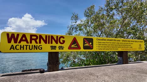 warning achtung sign warning people crocodiles inhabit the area and attacks may cause injury or death