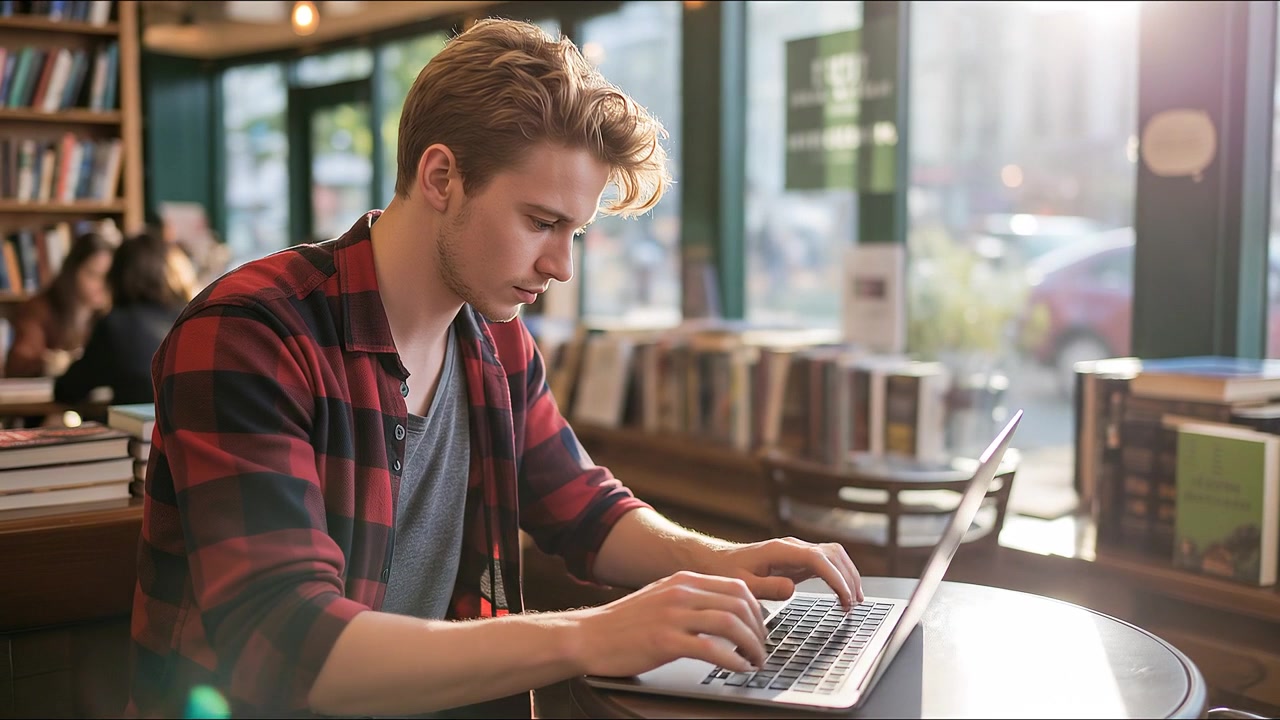 Ung mann taster på bærbar PC på en bokhandelkafé