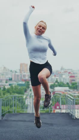 a dynamic journey of fitness: a motivated individual running up an urban hill overlooking a cityscape in activewear, displaying strength and joy
