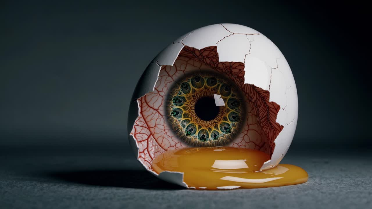 Surreal eye emerging from cracked eggshell, leaking golden yolk against dark background, revealing symbolic visual metaphor exploring hidden mysteries of perception and imagination
