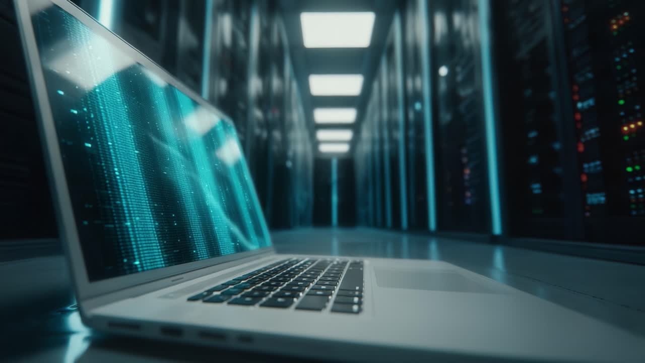 A sleek laptop positioned in a dimly lit server room, showcasing vibrant digital displays and glowing lights, capturing the essence of modern technology and data processing