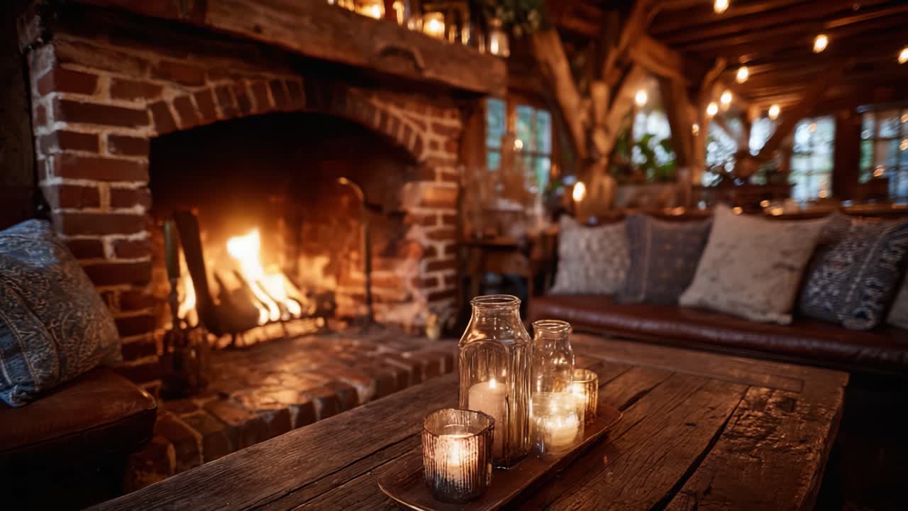 Scena interna accogliente con un caldo caminetto, candele tremolanti e mobili in legno texturizzato in un ambiente rustico per un'atmosfera rilassante.