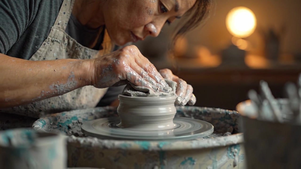 Un artisan façonne habilement l'argile sur un tour de potier, créant de magnifiques céramiques faites à la main avec précision et concentration dans un environnement d'atelier artistique