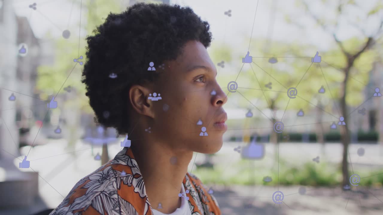 Animation of network of digital icons over african american man drinking coffee on the street