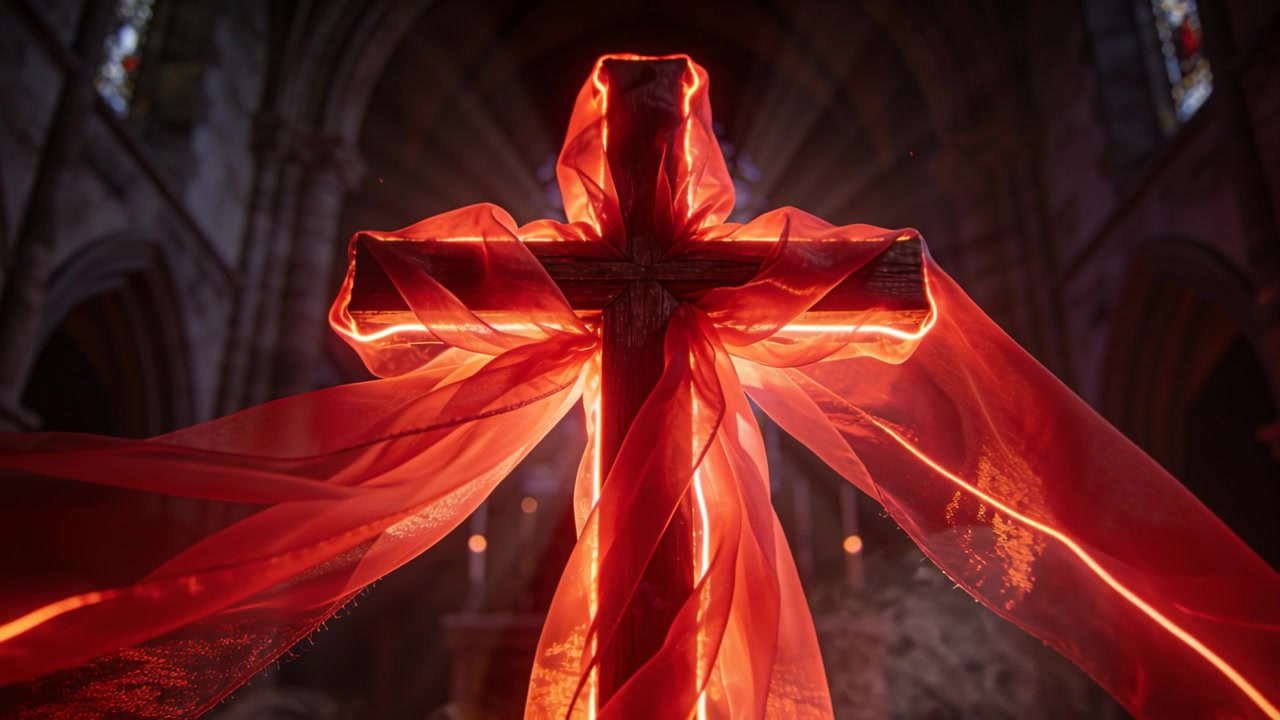 Billowing wooden cross draping red sash opening in gothic nave, candles' updraft lifting edges