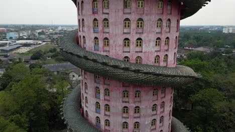 aerial drone view of buddhist dragon temple, wat sam phran near bangkok thailand