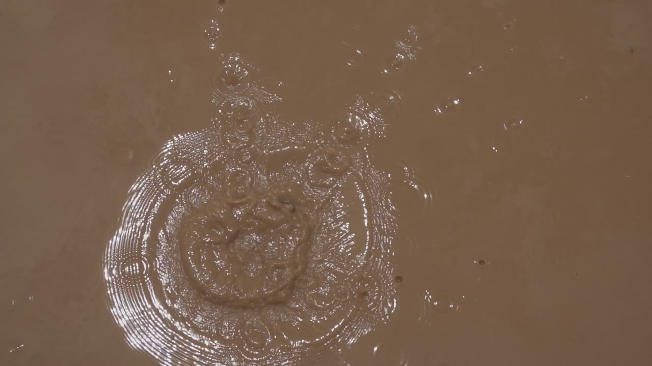 piedra cayendo a un charco de agua fangosa en cámara lenta