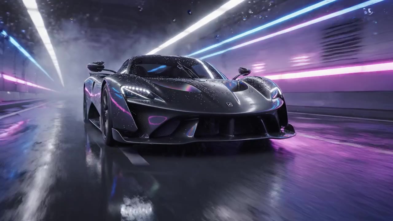 Un'hypercar nera elegante e imponente sfreccia attraverso un tunnel futuristico, con vivaci luci al neon che proiettano riflessi sul terreno bagnato, mettendo in mostra il suo design aerodinamico.