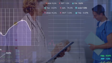 animating financial data and stock percentages over medical professionals discussing