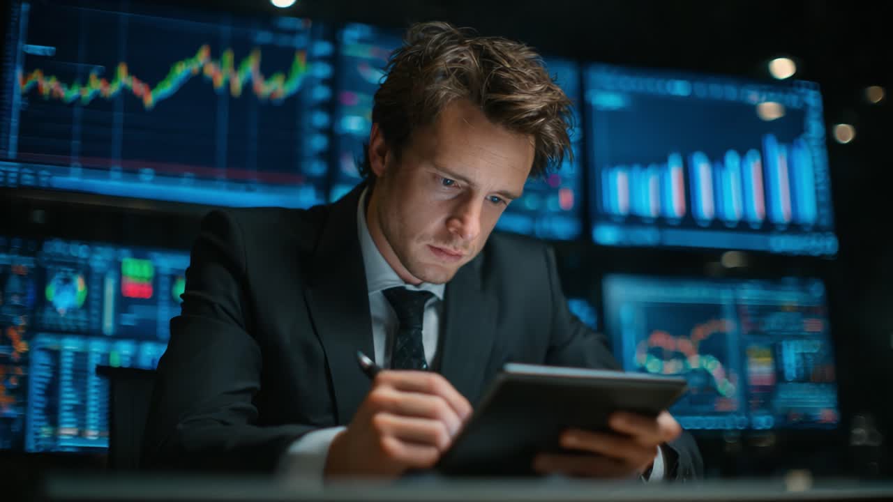 Focused Financial Analyst Examining Market Trends and Data on Tablet in a High-Tech Trading Environment with LED Screens Displaying Graphs and Metrics