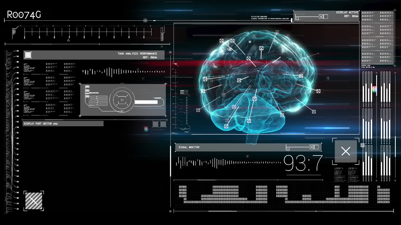 Animation of glowing human brain with digital interface data processing