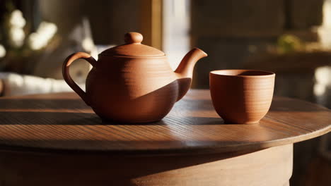 terracotta teapot and cup on a wooden table
