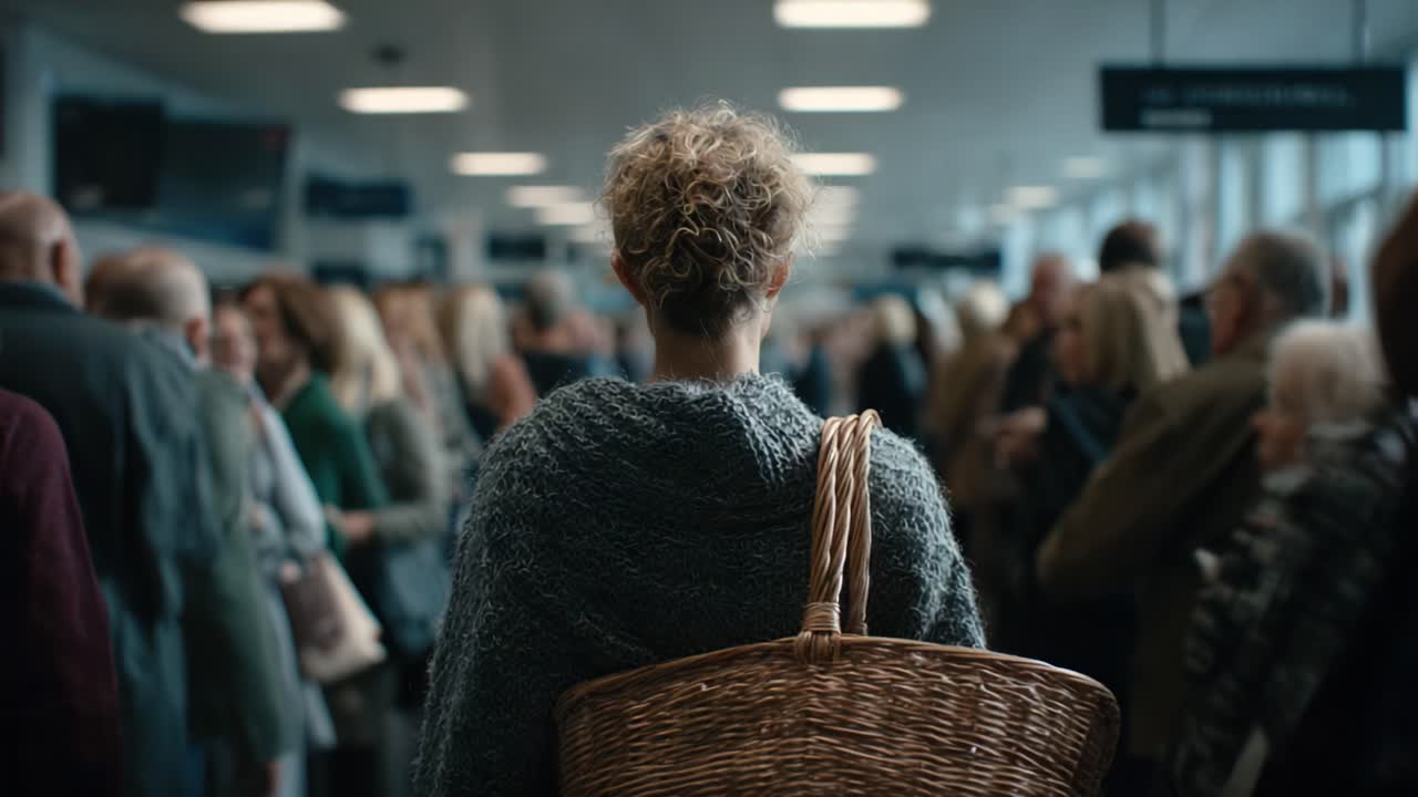 A Journey Through the Crowd: A Woman with a Basket Navigates a Busy Terminal, Surrounded by a Sea of People Engaged in Their Own Conversations and Activities