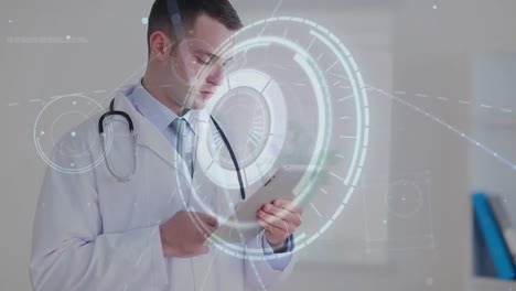 Animation-of-loading-circles,-connected-dots-over-caucasian-doctor-using-digital-tablet-in-hospital