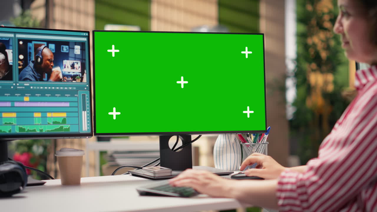 Kvinde redigerer video med green screen-skærm på kreativt kontor
