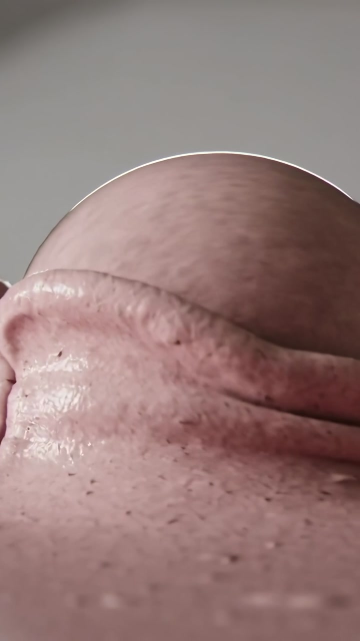 Vertical video: Sliding clear bead moving across skin after tilt in gray room, stubble and crease