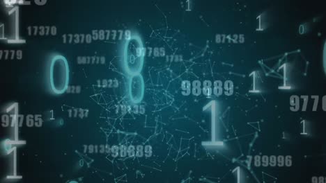 Multiple numbers changing against network of connections on blue background