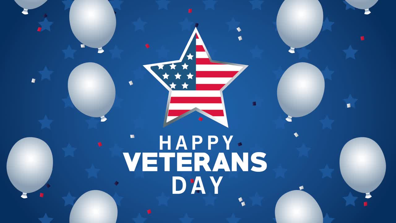 행복한 참전용사 날 별과 풍선 헬을 가진 글자 애니메이션