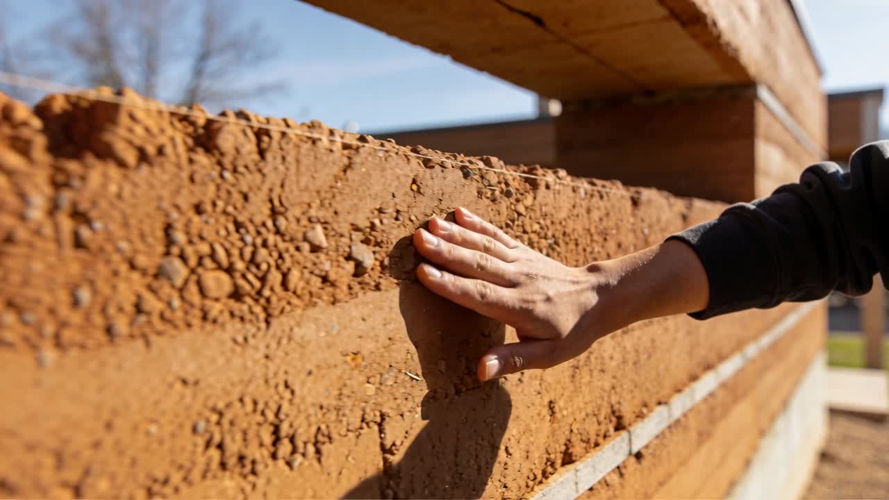 Person's hand approaching then sliding along rammed-earth wall, assessing texture for architecture