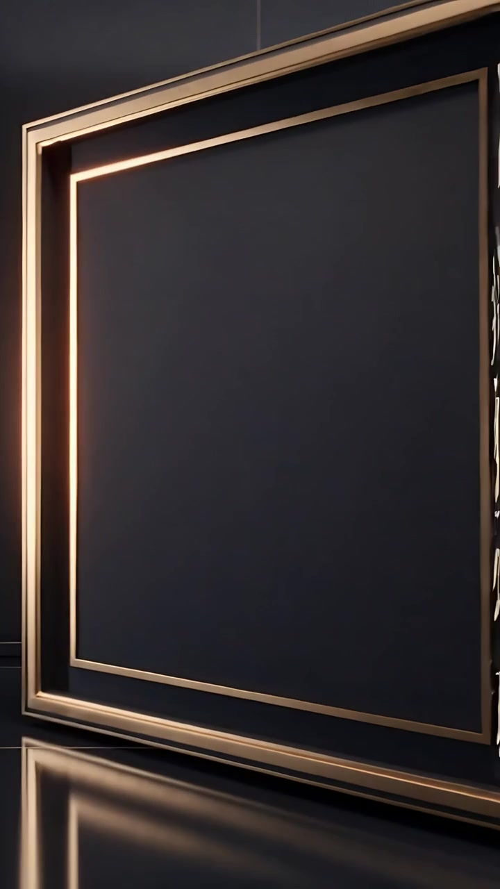 Video verticale: Colonna fluida d'oro fuso, inquadratura che ruota in studio rivelando un pannello opaco, scintille.