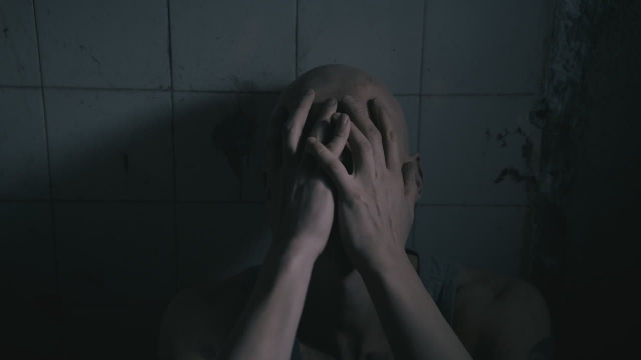 Pale bald skinny man sits next to the wall in the creepy old bathroom at night