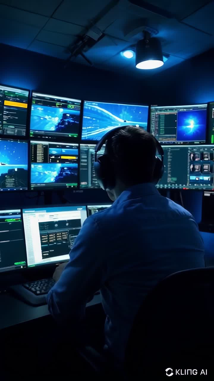 A man is sitting in front of a computer monitor with a headset on, security concept.