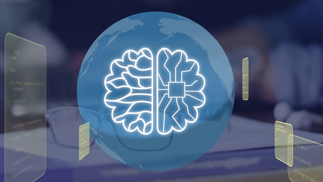 Globe reacting to cloud outline appearing, morphing into brain-AI chip, showing tech near glasses
