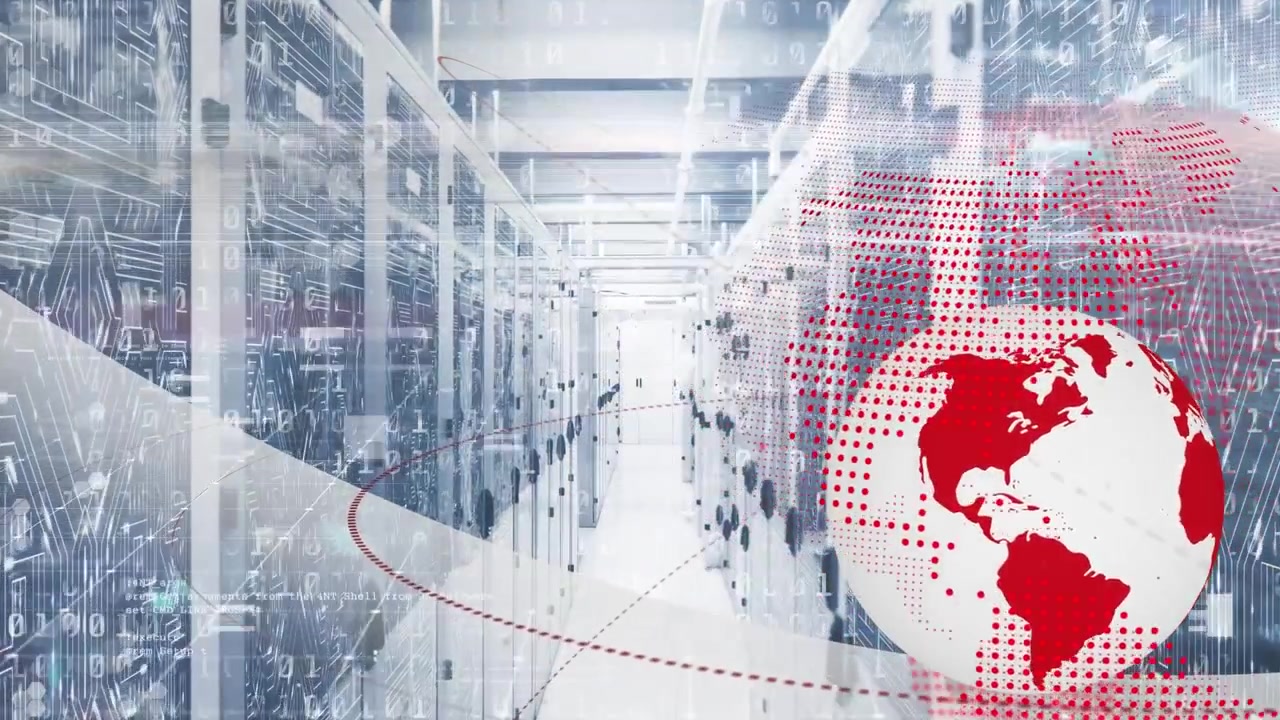 Animation of globe with data processing over server room