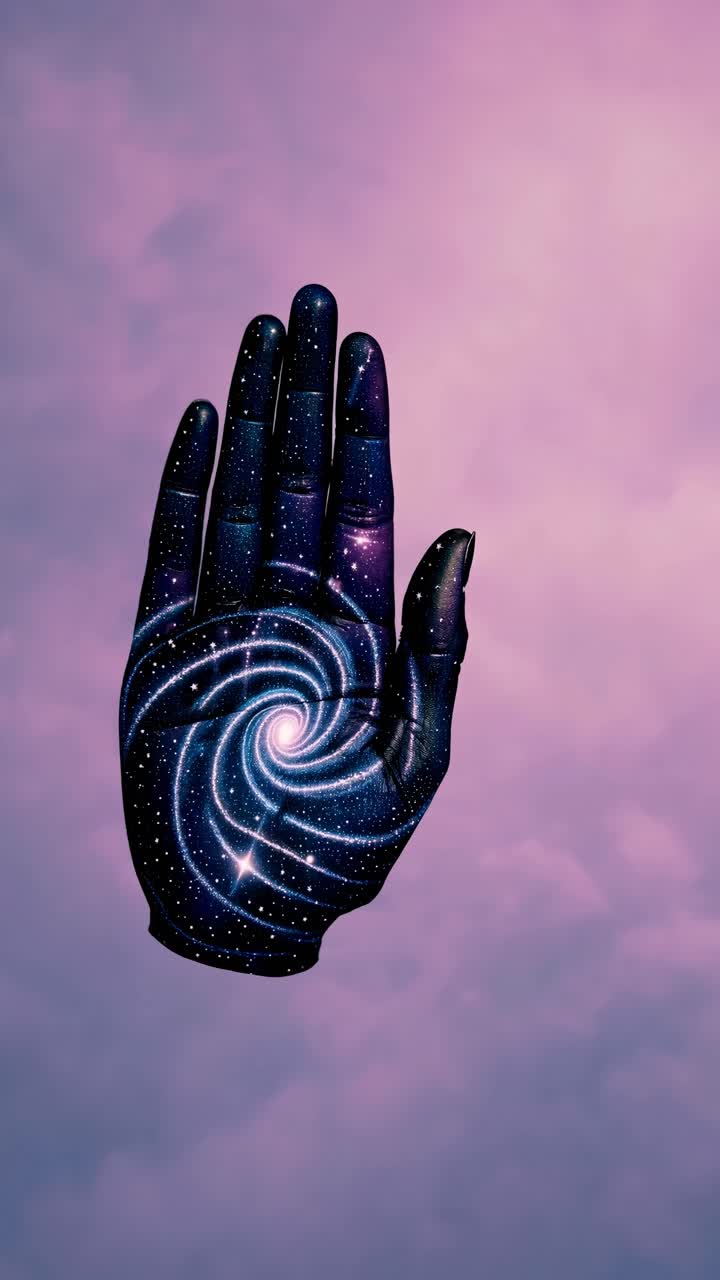 A surreal video concept of a hand with a galaxy pattern, captured from a low angle against a soft