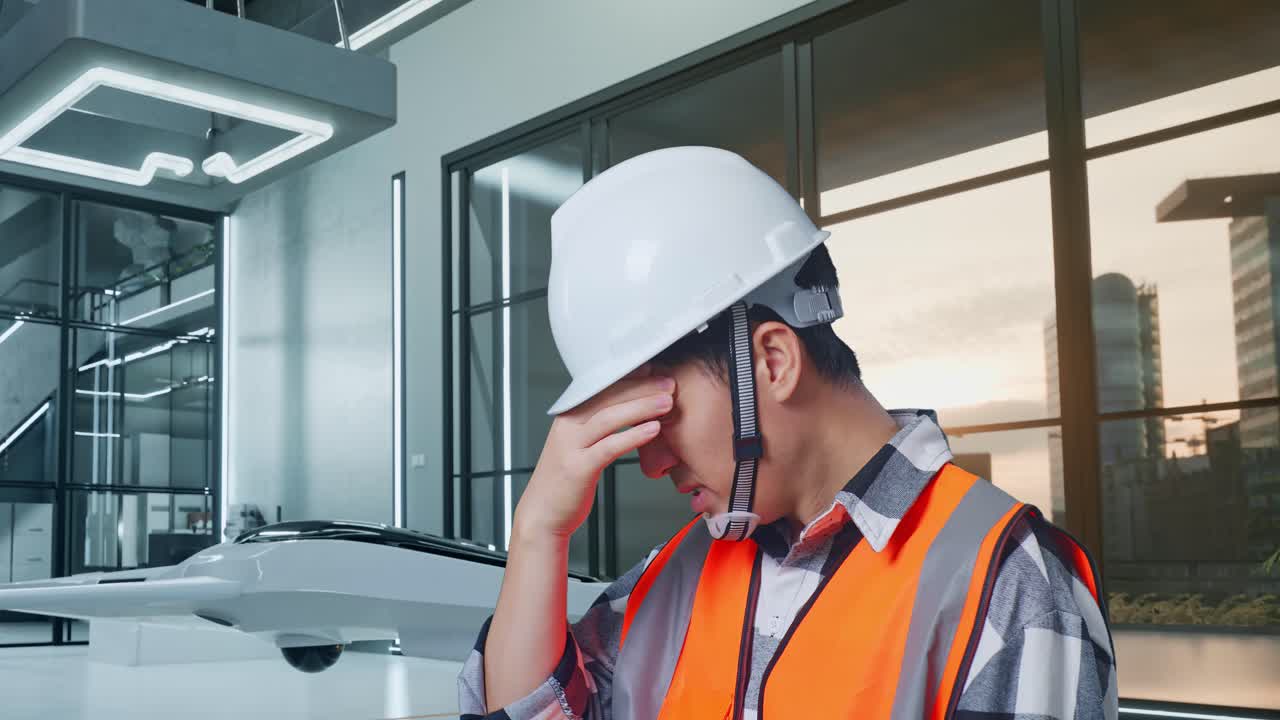 안전 헬을 입은 아시아 남성 엔지니어가 드론 프로젝트에서 작업하는 동안 두통을 겪고 있는 근접한 측면 시각