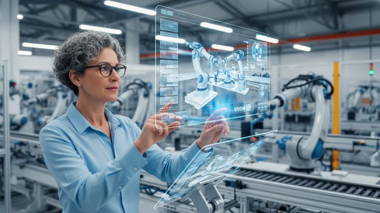 Innovative Automation: A Professional Woman Engages with Advanced Robotic Interface in a Futuristic Manufacturing Environment