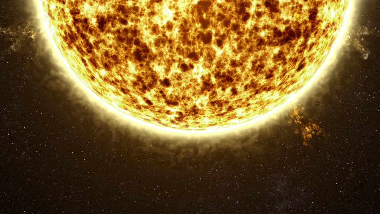 동적 모션 그래픽은 태양 태양 폭발의 강렬한 에너지를 보여줍니다. 그것은 우주 공간에 캐스케이드 코로나 입자의 숨가 ⁇ 는 폭풍을 방출합니다.