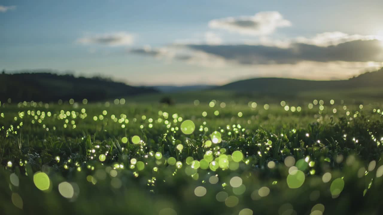Shimmering dew-covered grass blades reflecting low sun in meadow, producing moving bokeh highlights