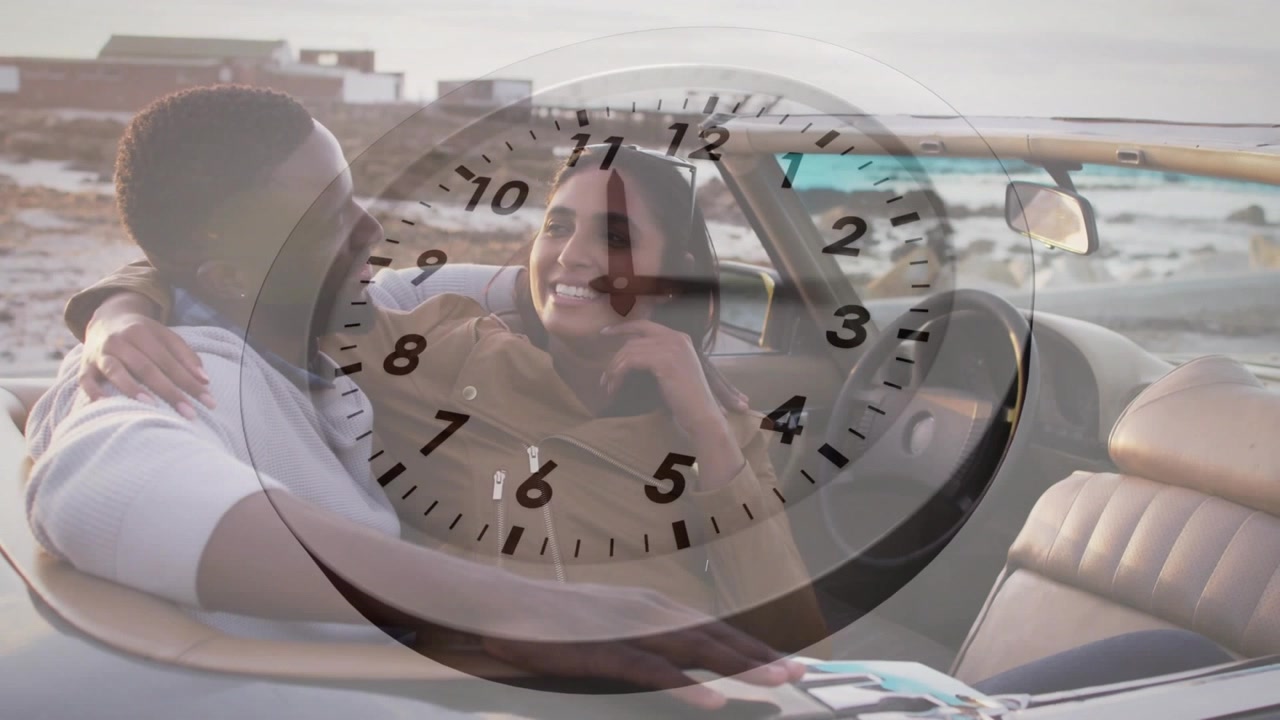Woman starting chat gesturing, man listening in convertible relaxing on trip as clock overlay turns