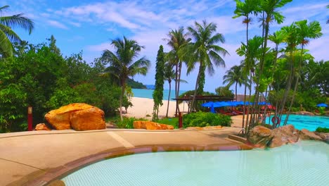 muy hermosa piscina de un complejo de lujo con palmeras de coco langkawi malasia