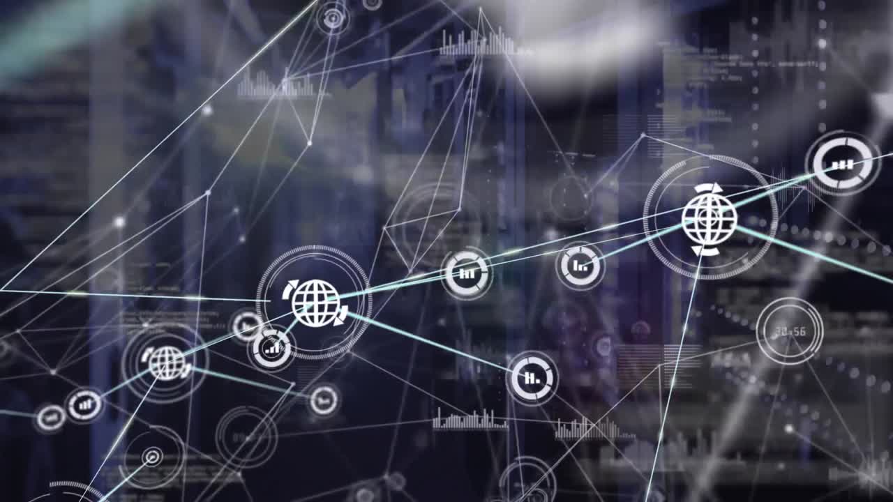 Animation of network of connections with icons and data processing over server room