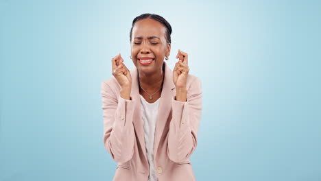 face, black woman or fingers crossed with hope