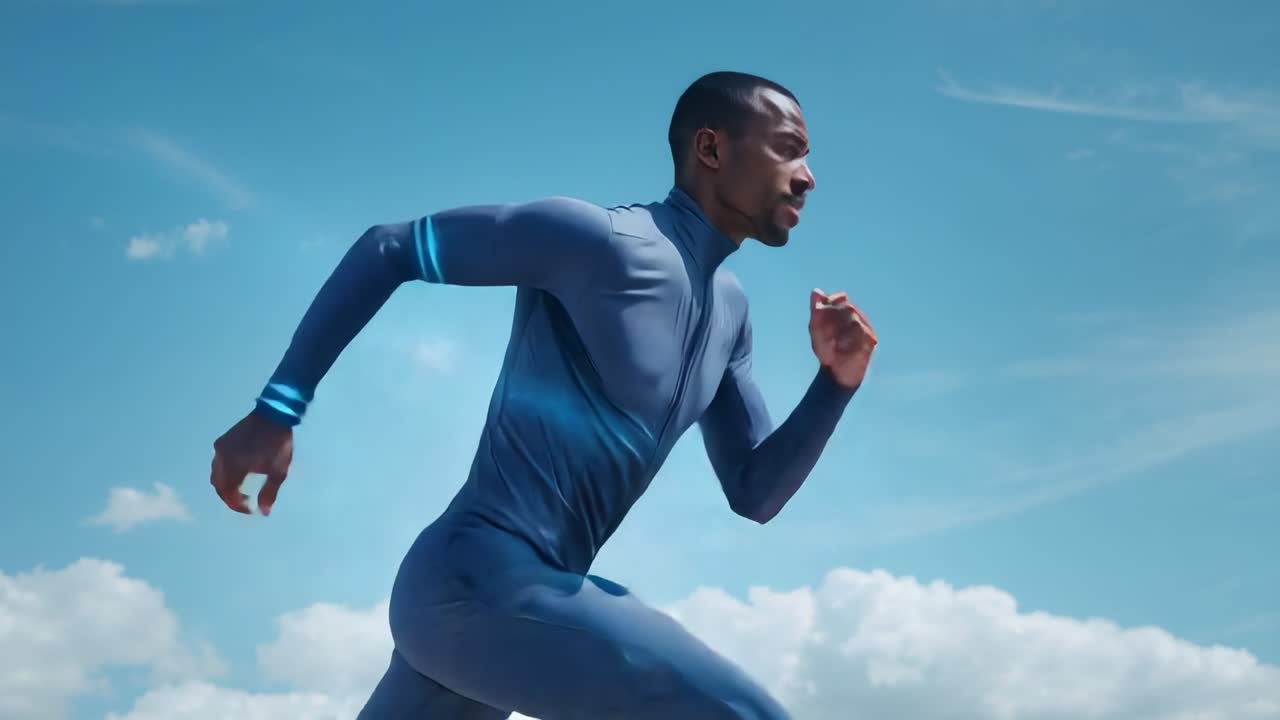 Sprinting runner wearing blue suit under clear sky after start signal, training with cyan bands