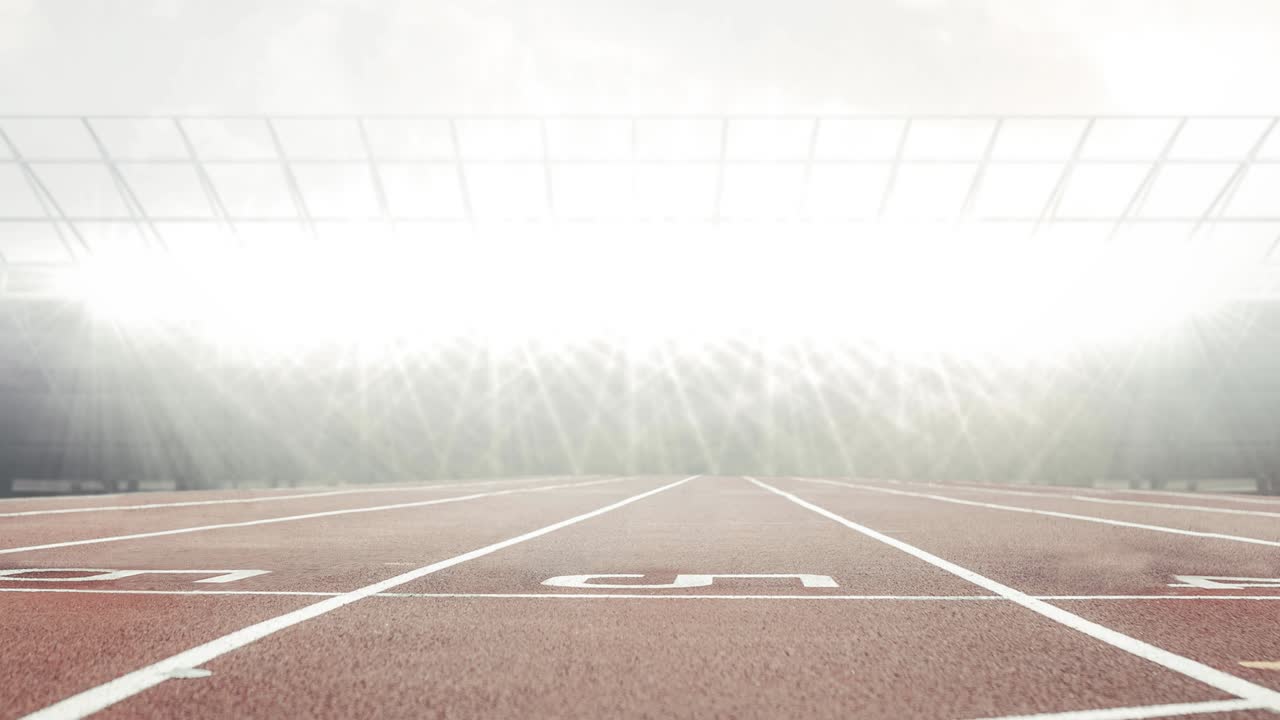 경주 트랙, 빈 스탠드 및 스포츠 스타디움의 반 ⁇ 이는 스포트라이트의 애니메이션