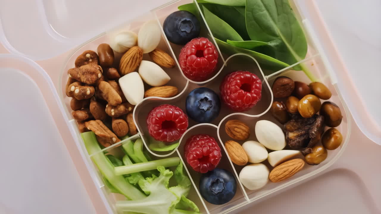 果物、ナッツ、野菜が入ったヘルシーな弁当