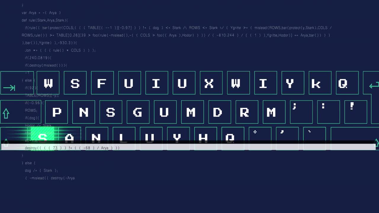 Animation of keyboard with digital data processing over dark background