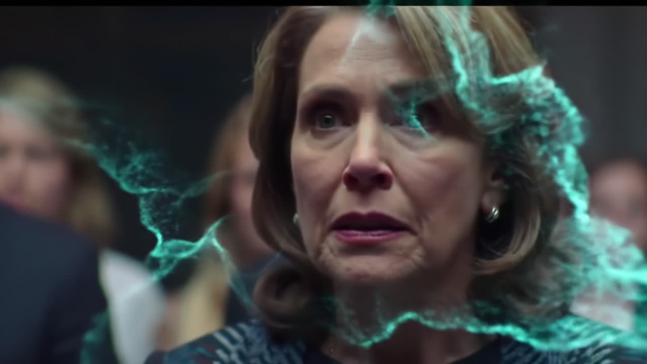 An Emotional Moment of Realization Captured in Two Frames: A Woman Faces Unseen Forces in a Tense Gathering, Her Expressions Conveying Fear and Uncertainty